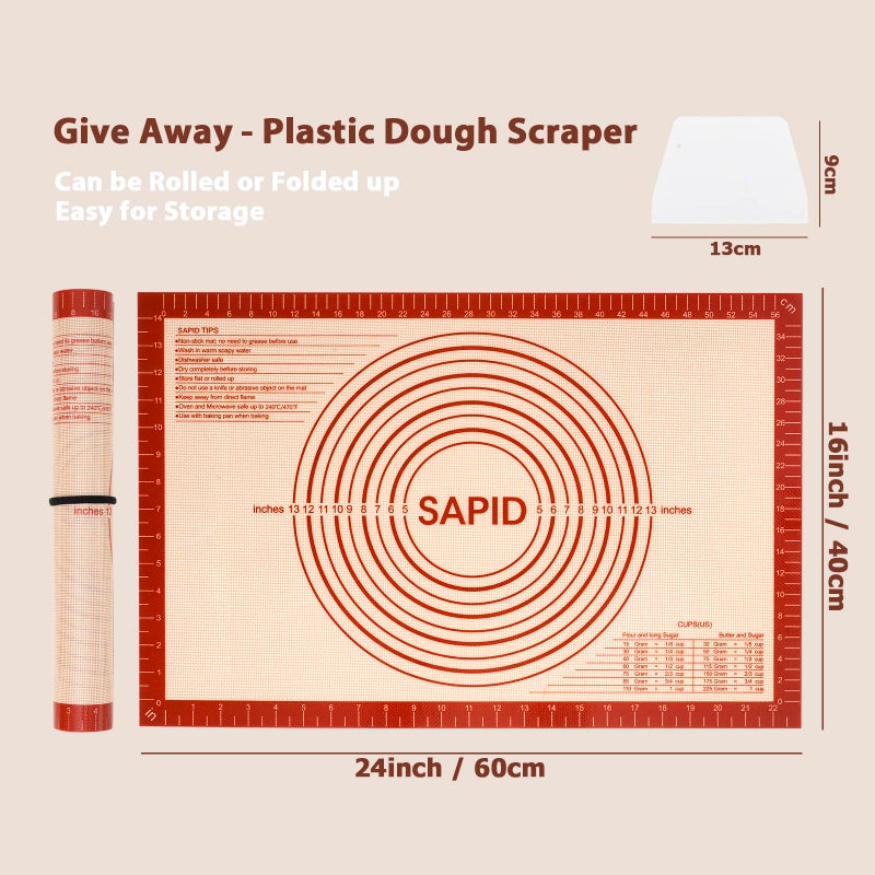 Sapid Extra Thick Silicone Pastry Mat Non-slip with Measurements for Non-stick Silicone Baking Mat Large, Dough Rolling, Pie Crust, Cookies, Kneading Mats, Countertop, Placement Mats (16" x 24", Red) - Image 2